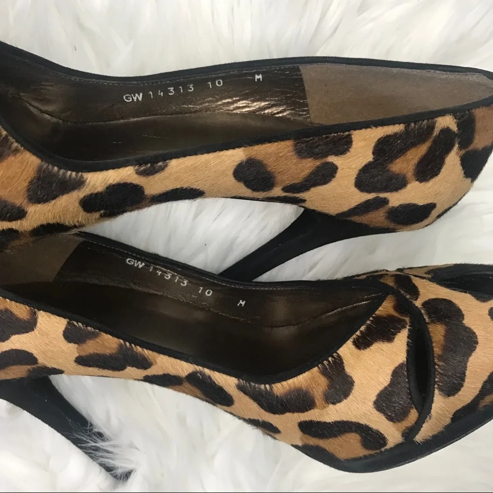 Stuart Weitzman Leopard Calf Hair Peep Toe Pumps size 10
